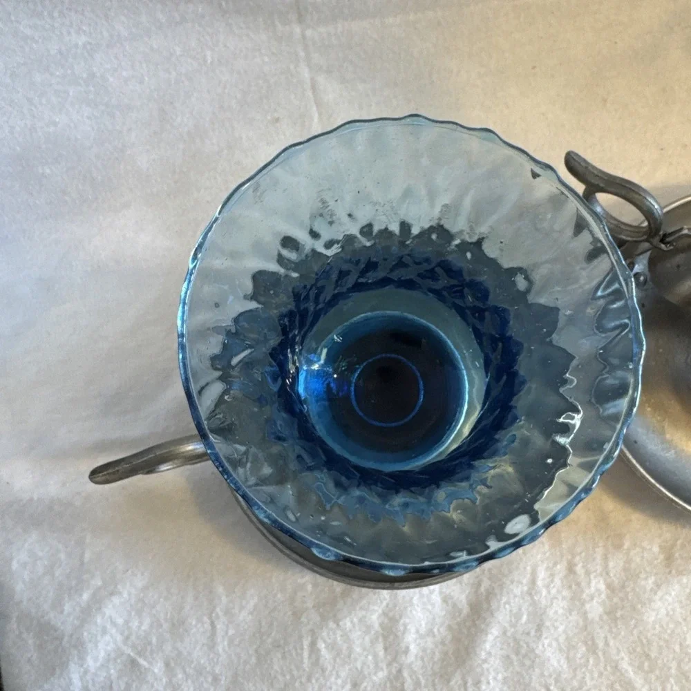 Vintage Pair Pewter Chamberstick Candle Holders Finger Loops Sniffers Blue Glass